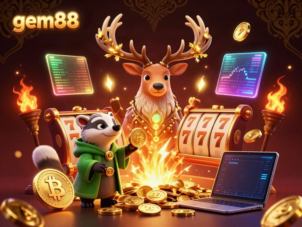 Win big at gem88 with a vibrant scene featuring a druid stag, a wise badger, and slot elements.