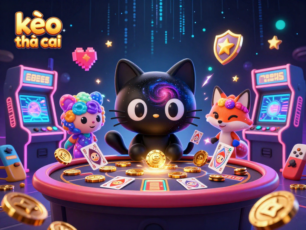 Engaging kèo nhà cái scene with a black hole cat and a nebula fox attracting casino chips and cards.