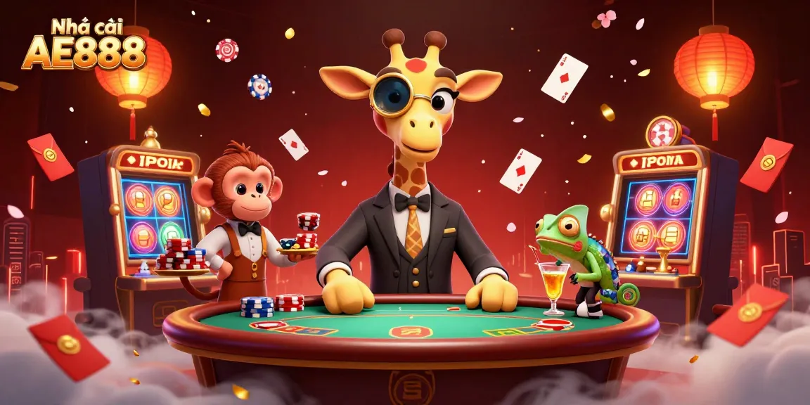 Experience thrilling gameplay at Nhà cái AE888 with vibrant casino elements in a dynamic 3D illustration.