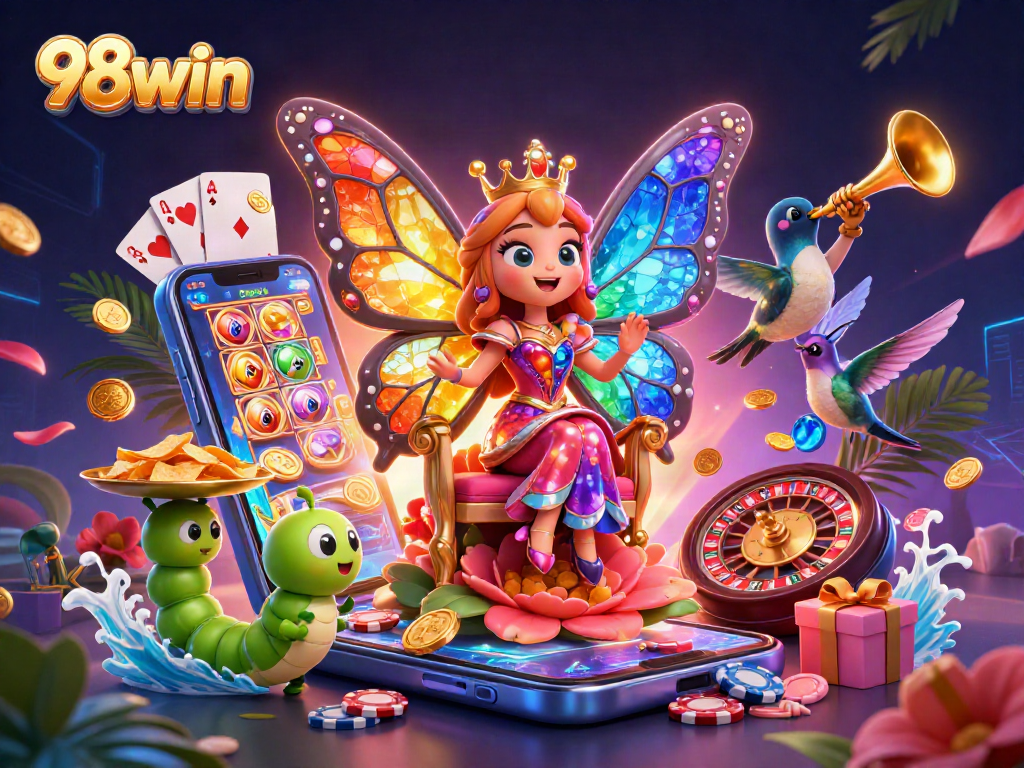 Experience vibrant gameplay at 98win with a captivating illustration of a butterfly queen and casino elements.