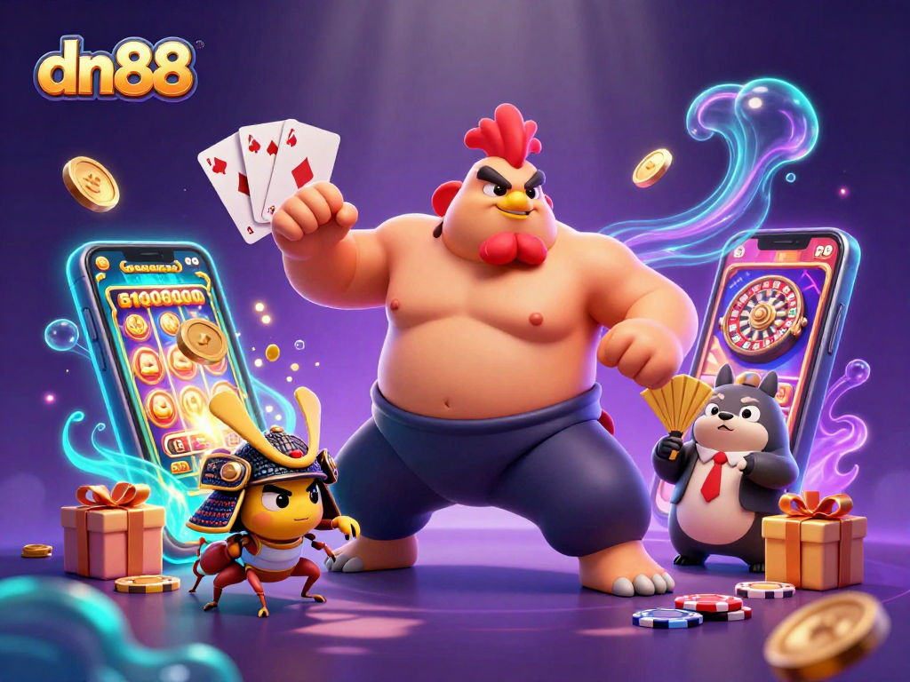 Experience thrilling gaming action with dn88's vibrant casino illustration featuring unique characters.