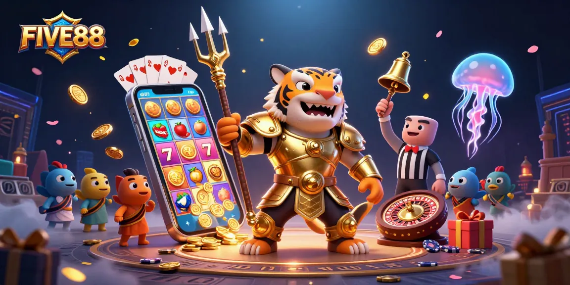 Engage with FIVE88's vibrant underwater casino scene showcasing a golden shark gladiator.