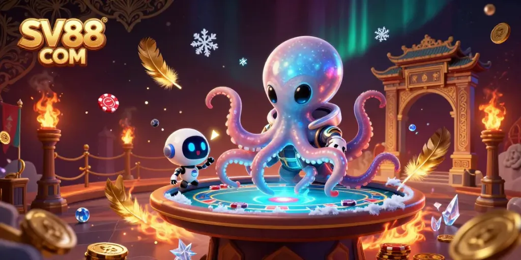 Experience high-stakes gaming at SV88 COM with our vibrant 3D alien octopus poker scene.