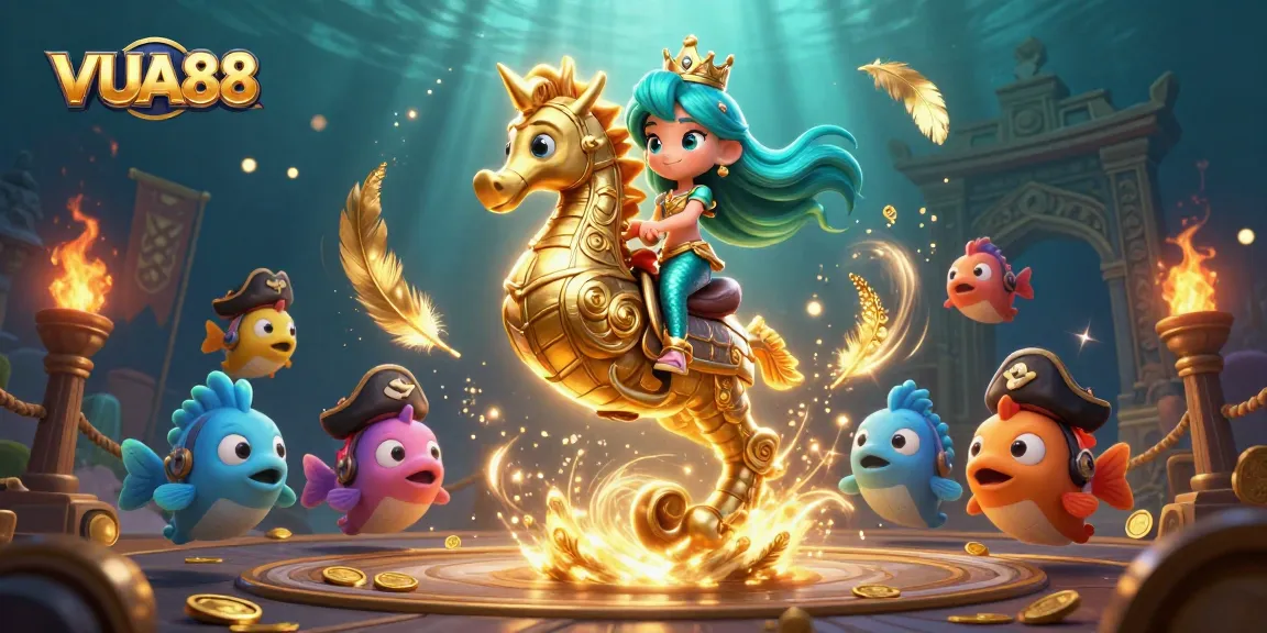 Experience VUA88's vibrant underwater casino adventure with a mermaid and seahorse amidst gold tokens.