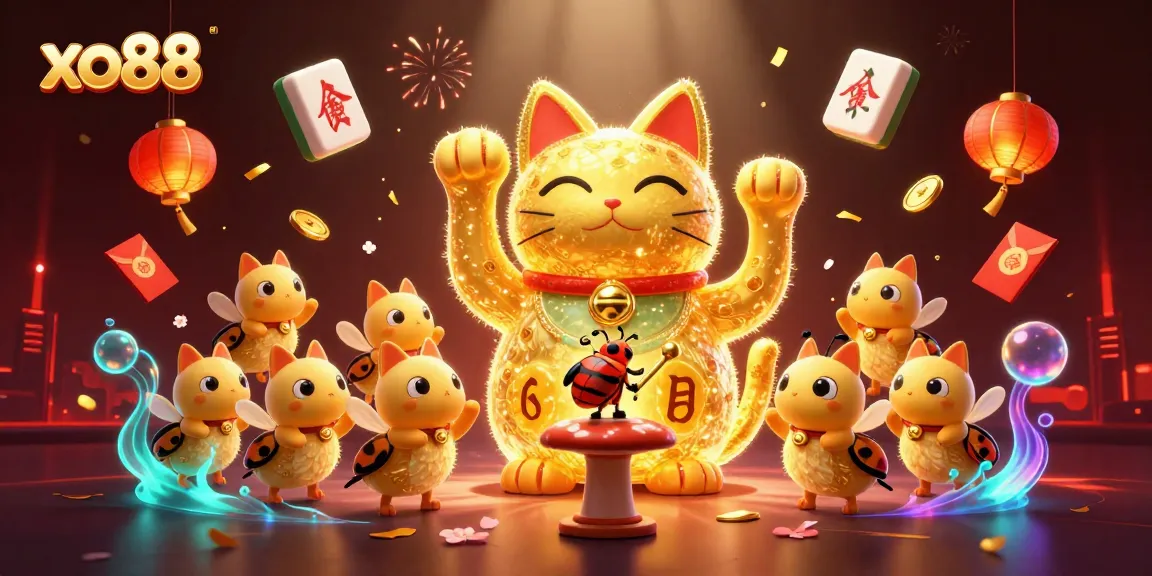 Experience thrilling gameplay with xo88 as golden fireflies form a lucky cat, surrounded by vibrant casino symbols.