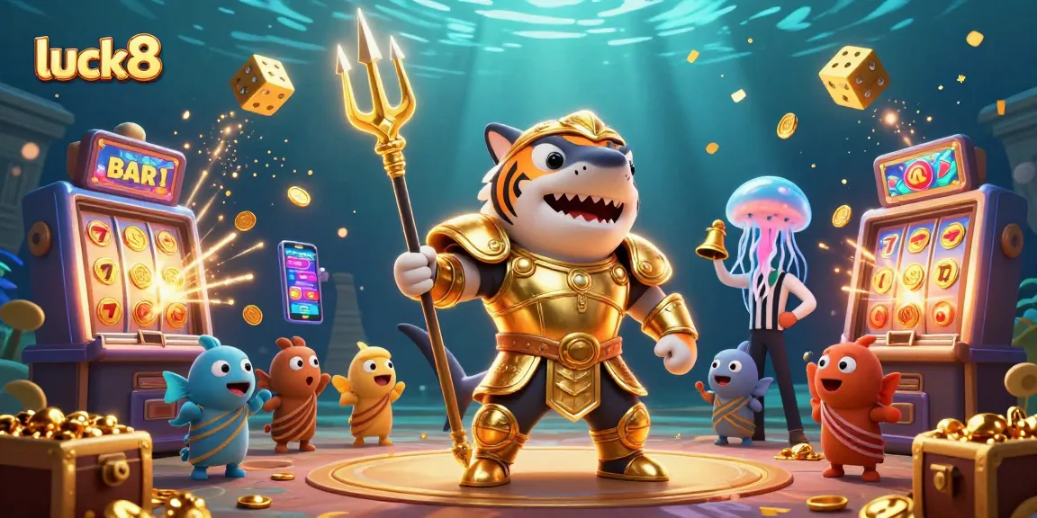 Experience the thrill of luck8 with a vibrant underwater casino scene, featuring energetic characters and dynamic gaming elements.