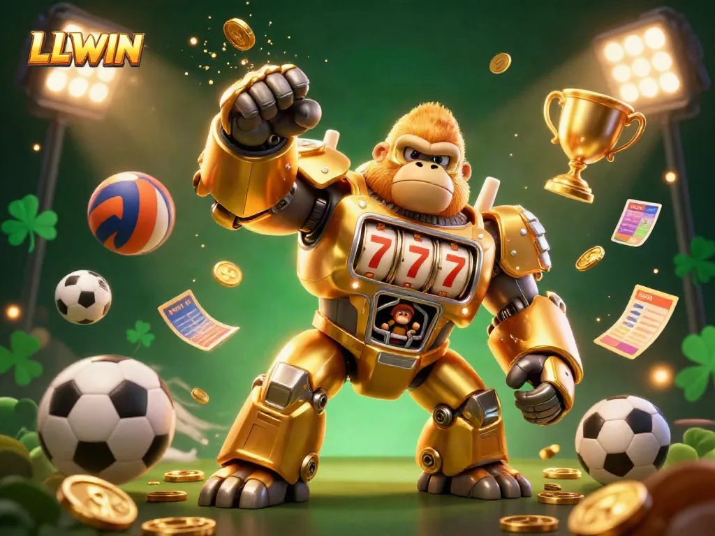 Experience thrilling slot action with LLWIN's dynamic golden gorilla mech and explosive sports elements.