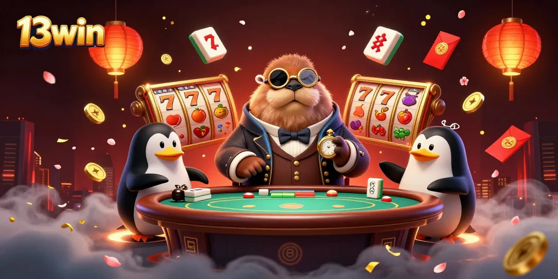 Join the excitement at 13win, where a jolly walrus plays poker with friends amidst vibrant gaming elements.