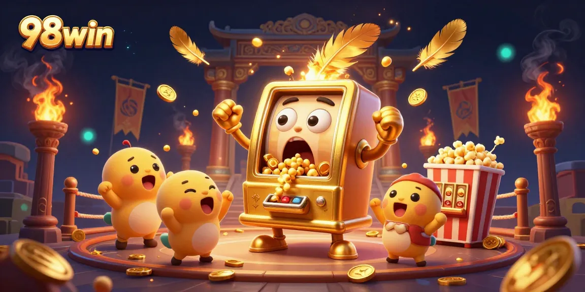 Experience excitement with 98win's animated jackpot scene showcasing vibrant slot machines and gold coins.