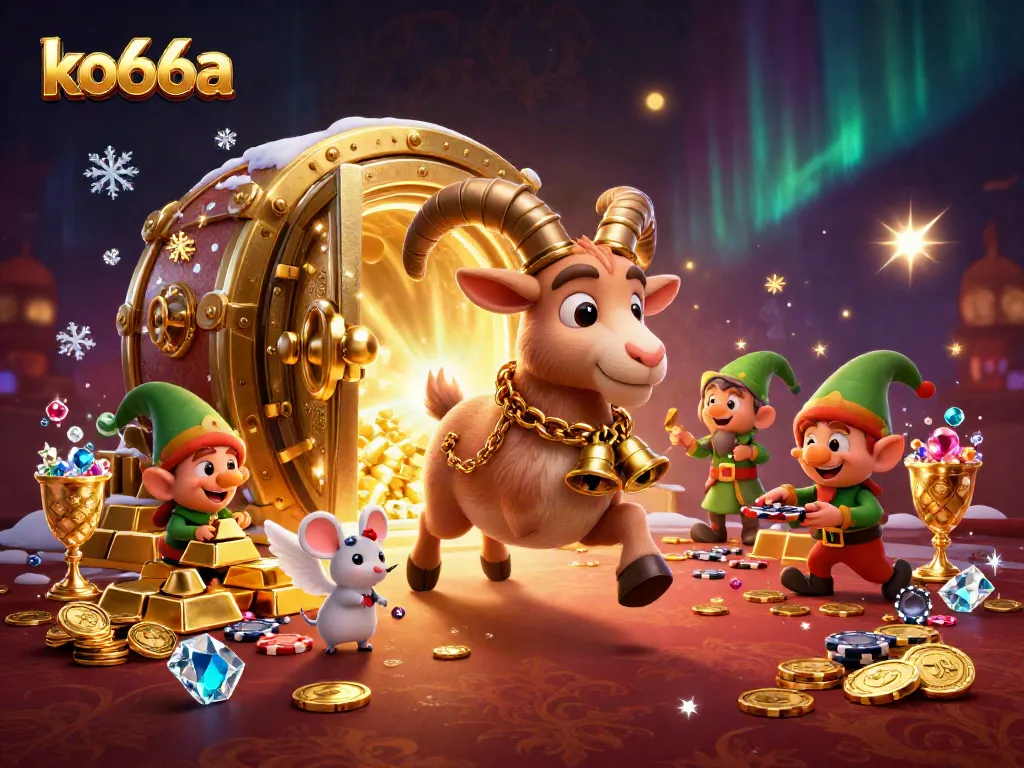 Engage with the festive Krampus goat and elf gremlins in the vibrant ko66a casino scene.