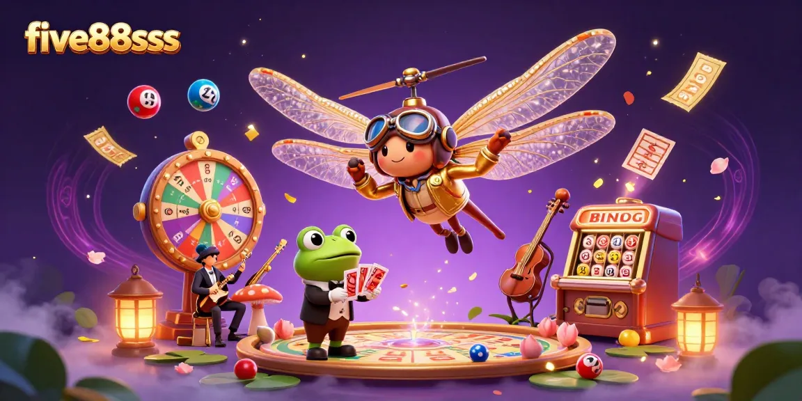 Experience thrilling gaming action with five88sss at a vibrant lily pad casino featuring a charming frog croupier.