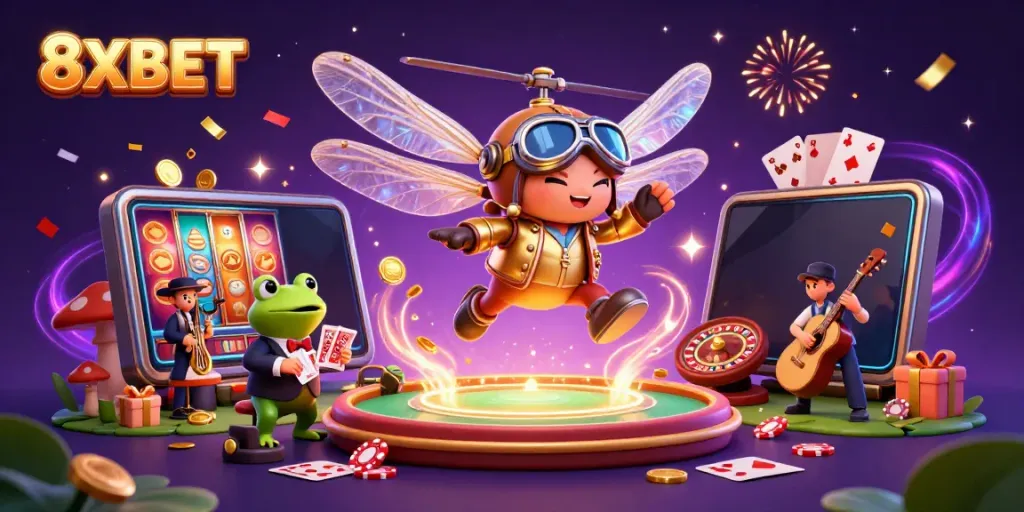 Engage with 8XBET while enjoying a vibrant casino fantasy with a dragonfly pilot and frog croupier in action.