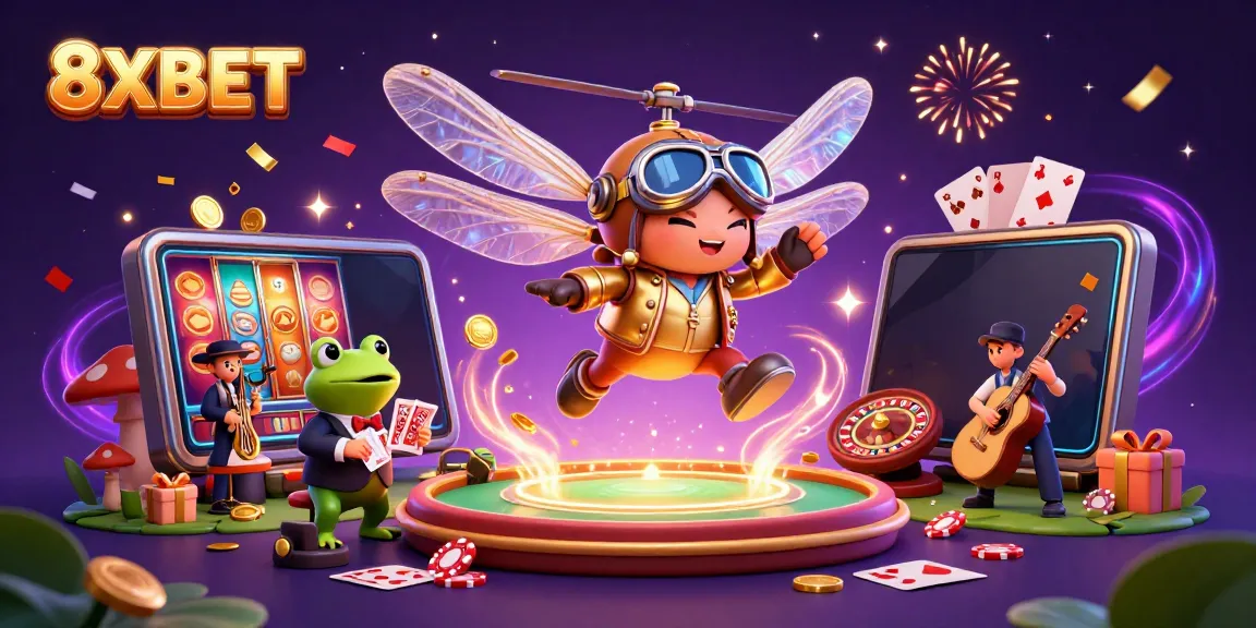 Engage with 8XBET while enjoying a vibrant casino fantasy with a dragonfly pilot and frog croupier in action.