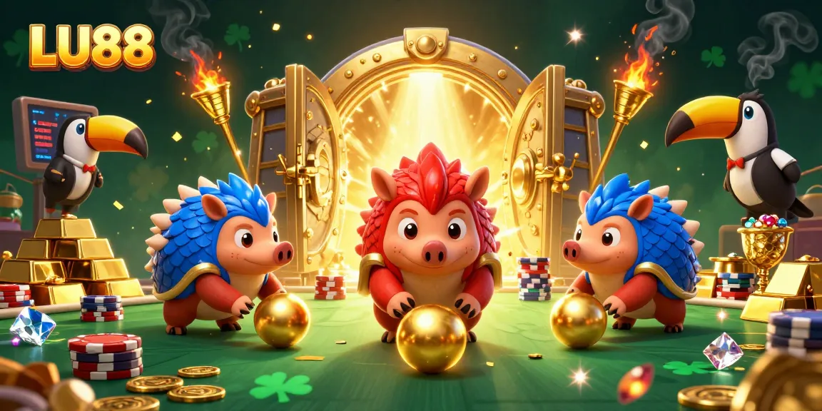 Engage with LU88's vibrant gambling adventures featuring playful pangolins amidst gold and gems.