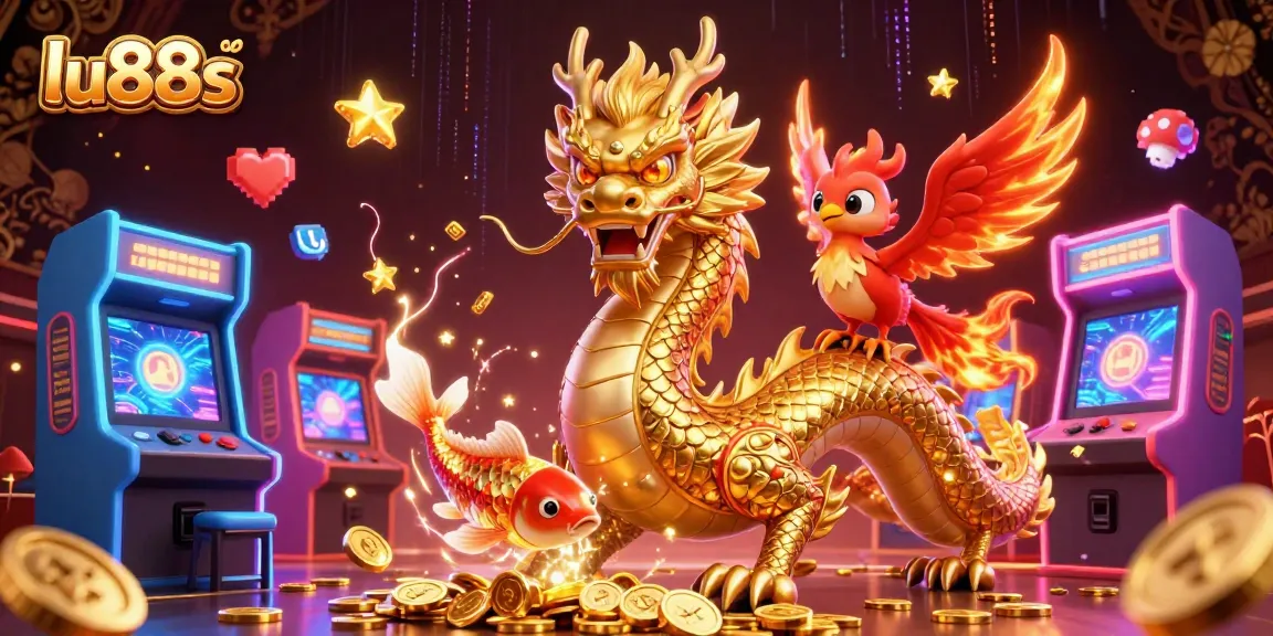 Experience the vibrant gaming scene at lu88s with an enchanting dragon, phoenix, and koi fish illustration!