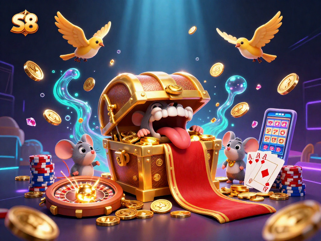 Experience the thrill of S8 gaming with dynamic treasures, coins, and vibrant casino elements.