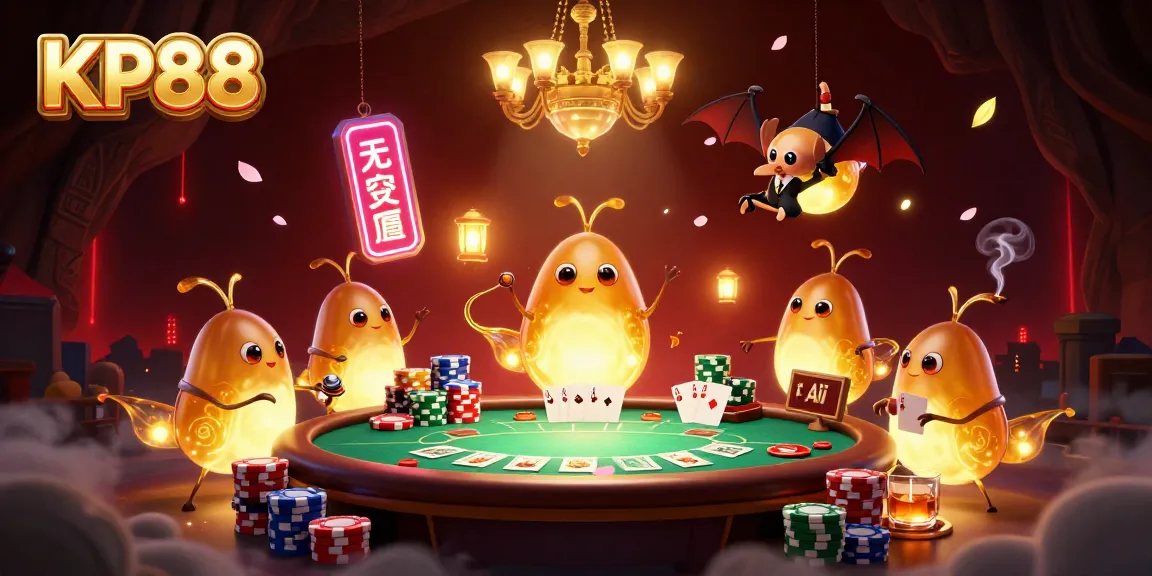 Betting in KP88-themed cave casino illuminated by glowworms with poker table elements.