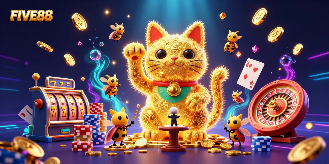FIVE88 promotes exciting gameplay with a lucky cat amidst vibrant casino symbols and dynamic elements.