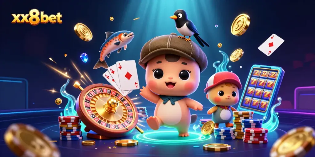 Cuddle up with luck at xx8 bet, featuring adorable characters amidst sparkling casino treasures.