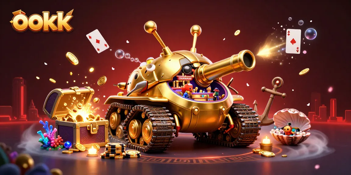 Experience exciting games at ookk with a vibrant 3D casino scene featuring coins and confetti.
