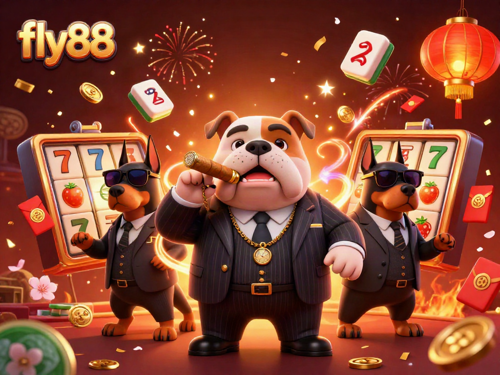 Fly88 casino illustration featuring a bulldog mafia boss and his bodyguards amidst vibrant slot elements.