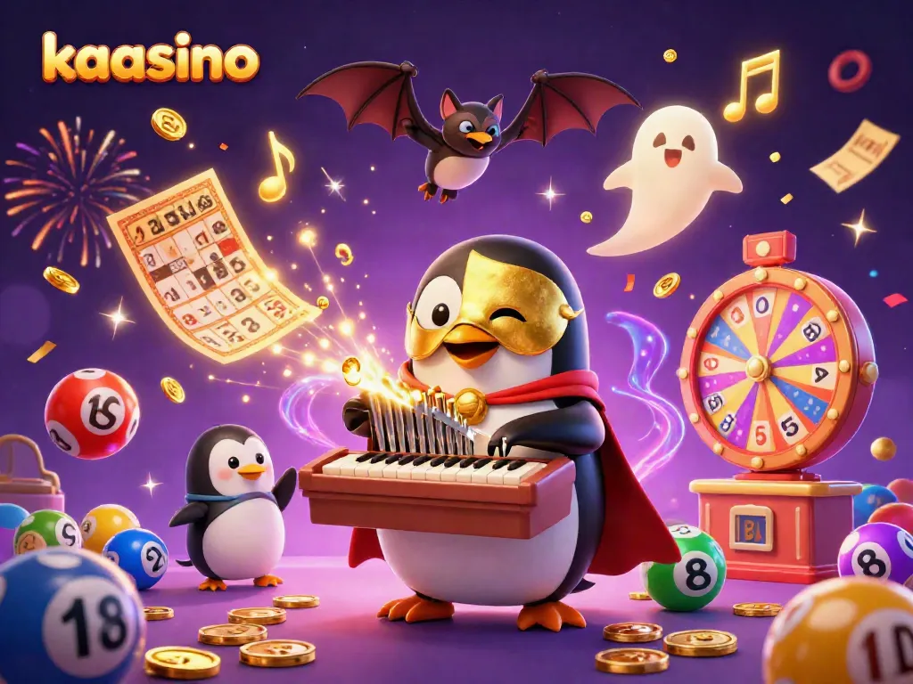 Kaasino showcases a thrilling 3D illustration featuring a penguin organist, golden coins, and vibrant bingo elements.