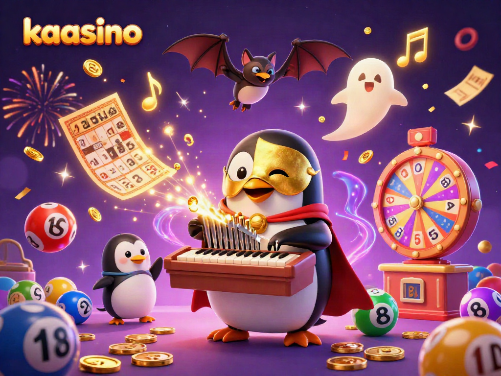 Kaasino showcases a thrilling 3D illustration featuring a penguin organist, golden coins, and vibrant bingo elements.