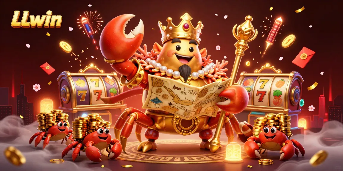 Experience the excitement of LLwin with a vibrant 3D illustration of a golden crab emperor amidst dynamic casino elements.