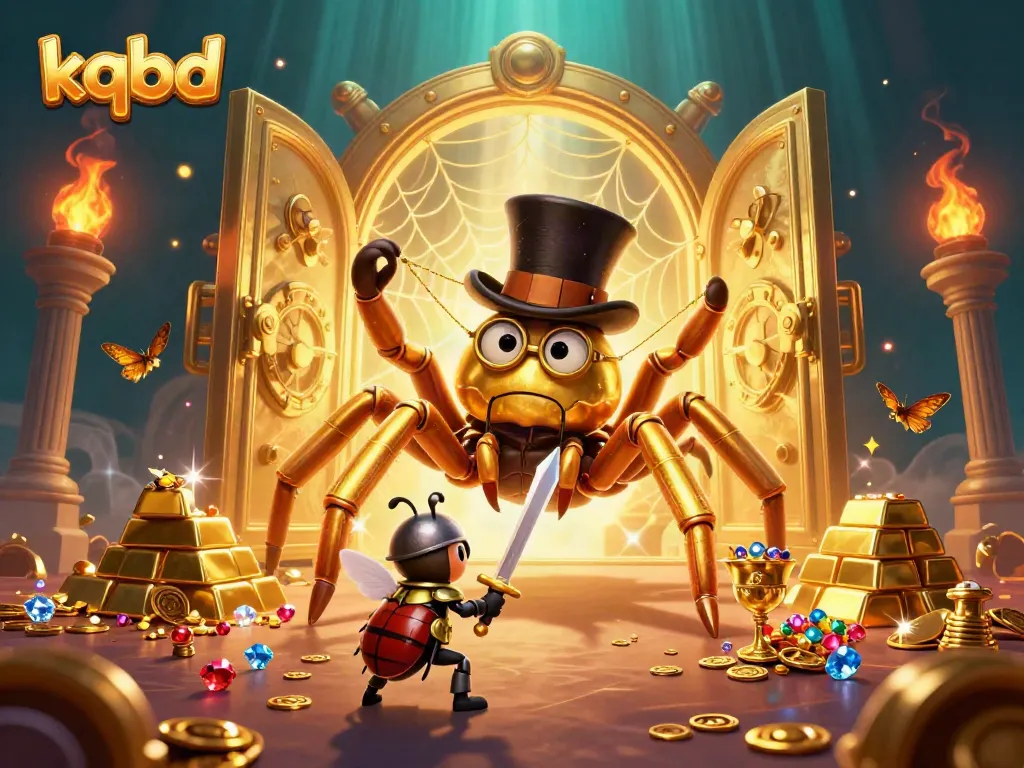Engage with kqbd as the golden tarantula creates a web amidst treasure in a vibrant casino scene.