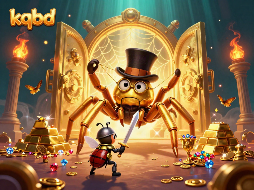 Engage with kqbd as the golden tarantula creates a web amidst treasure in a vibrant casino scene.