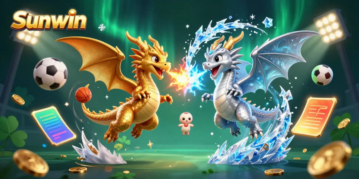 Experience thrilling gameplay with Sunwin as golden and silver dragons battle in a vibrant casino scene.