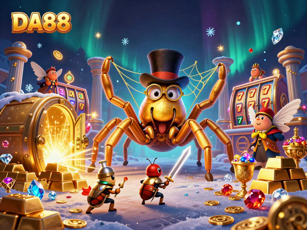 Engage with DA88 in a vibrant 3D casino scene filled with gold bars and slot reels.