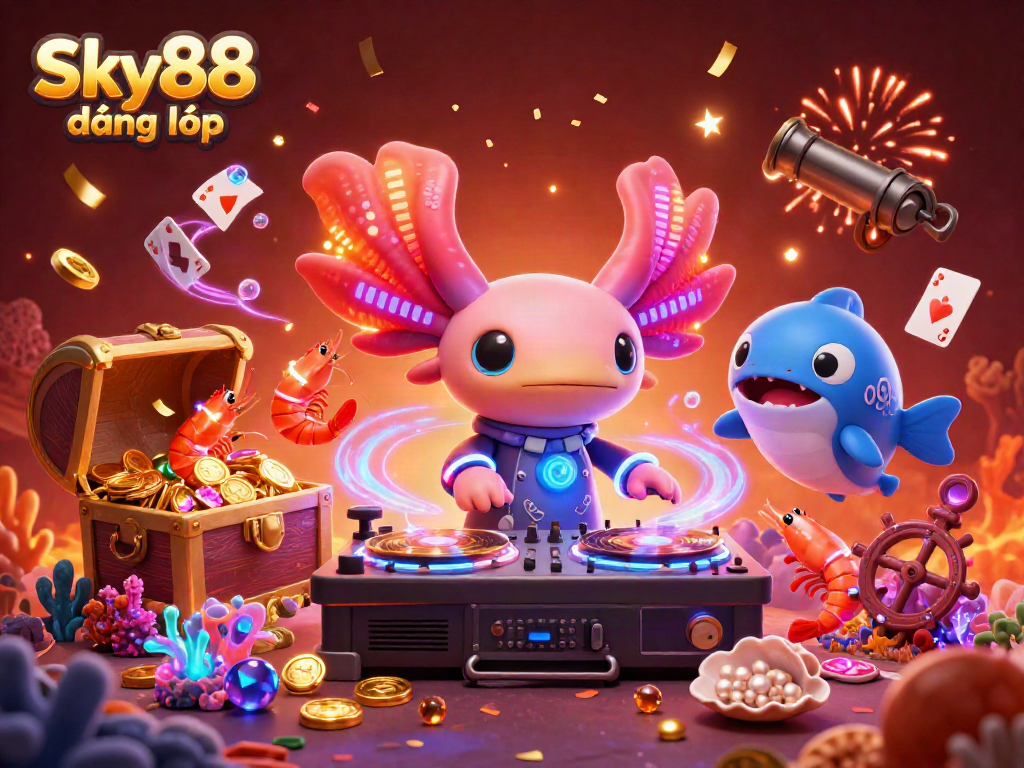 Sky88 đăng nhập showcases a vibrant underwater casino party scene featuring an axolotl DJ and lively shrimp dancers.