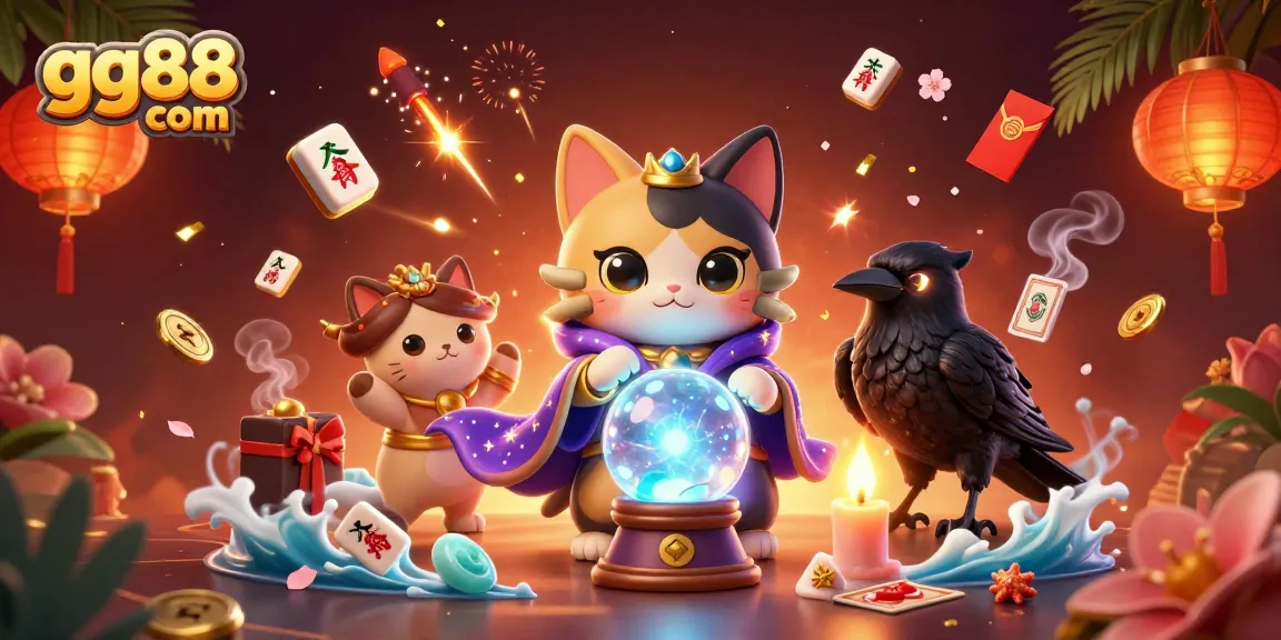 Engage in exciting gameplay at gg88 com featuring a mystical cat and raven amidst vibrant casino elements.