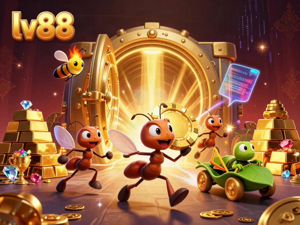 Ants carrying a giant poker chip in an LV88-themed heist scene, showcasing treasure vaults.