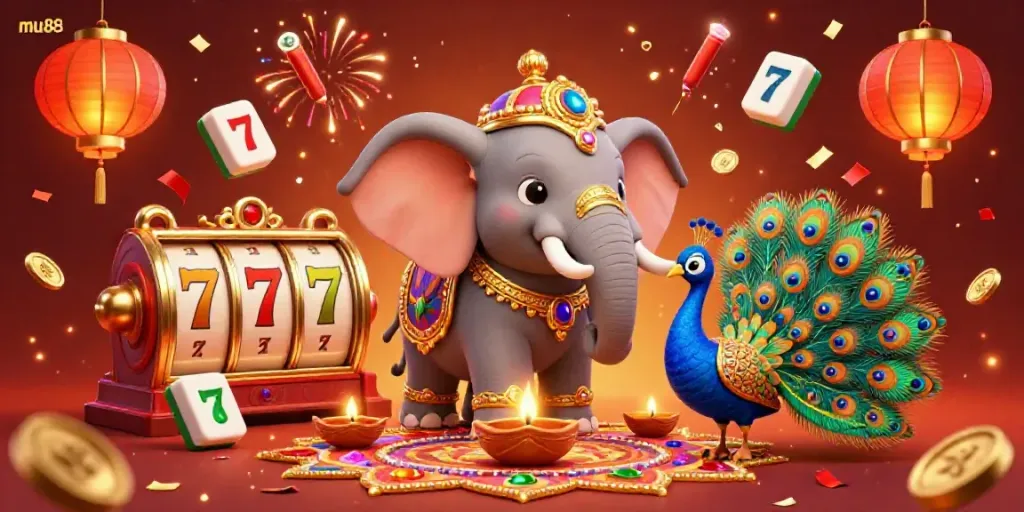 Experience the magic at mu88 with a vibrant 3D illustration of a gambling-themed festive scene.
