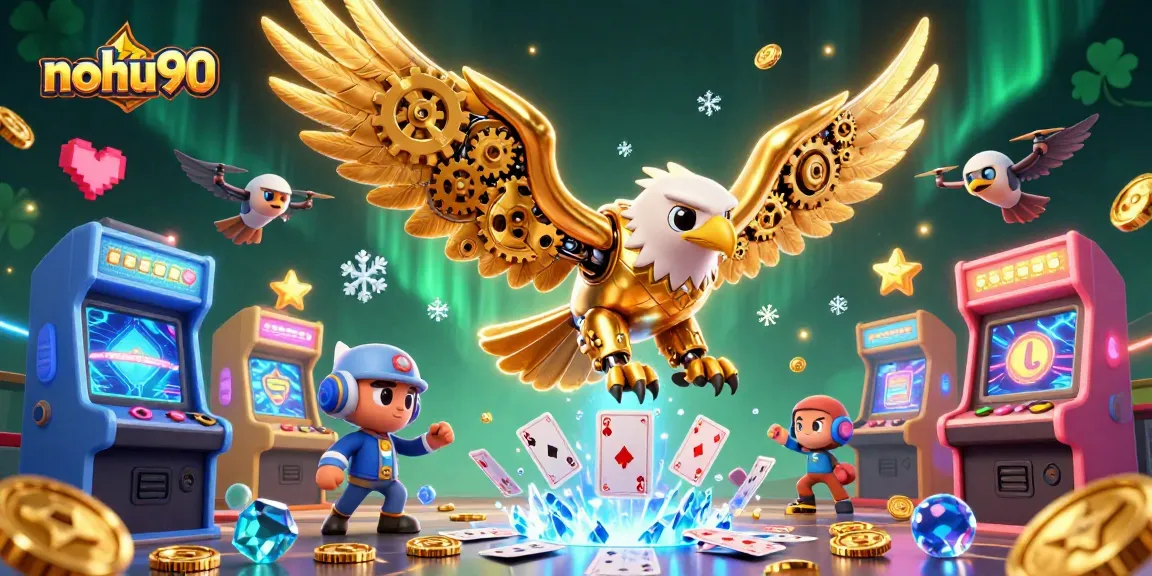 Experience the thrill of nohu90 as a cybernetic eagle dives through holographic cards in a vibrant casino scene.