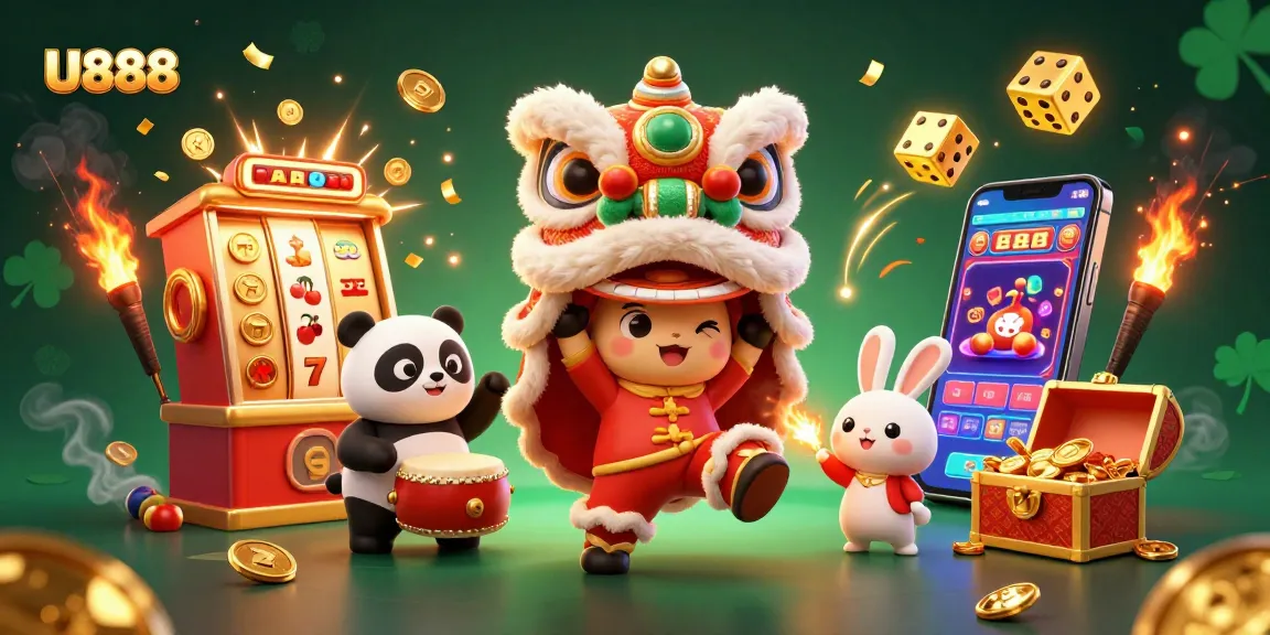 Experience the thrill of U888 with an explosive jackpot scene of excited characters and vibrant casino elements.