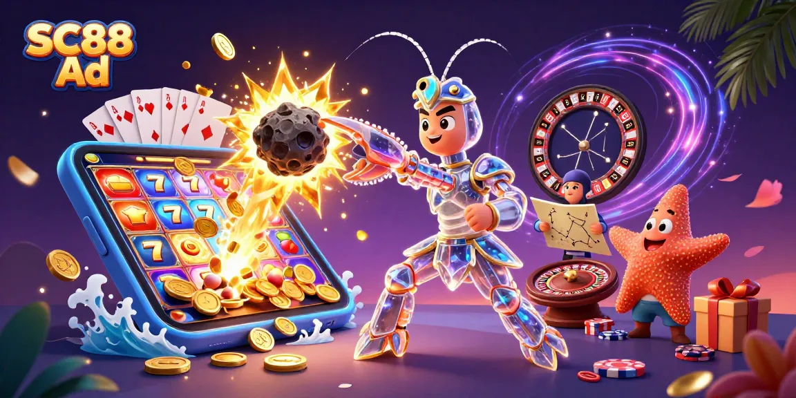 Spin the reels with SC88 Ad, witnessing a galactic samurai mantis shrimp amidst a scatter of golden coins and exciting game elements.