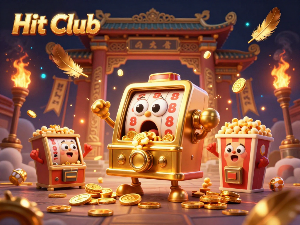 Hit Club jackpot celebration with a golden slot machine and cheering companions in a vibrant casino scene.