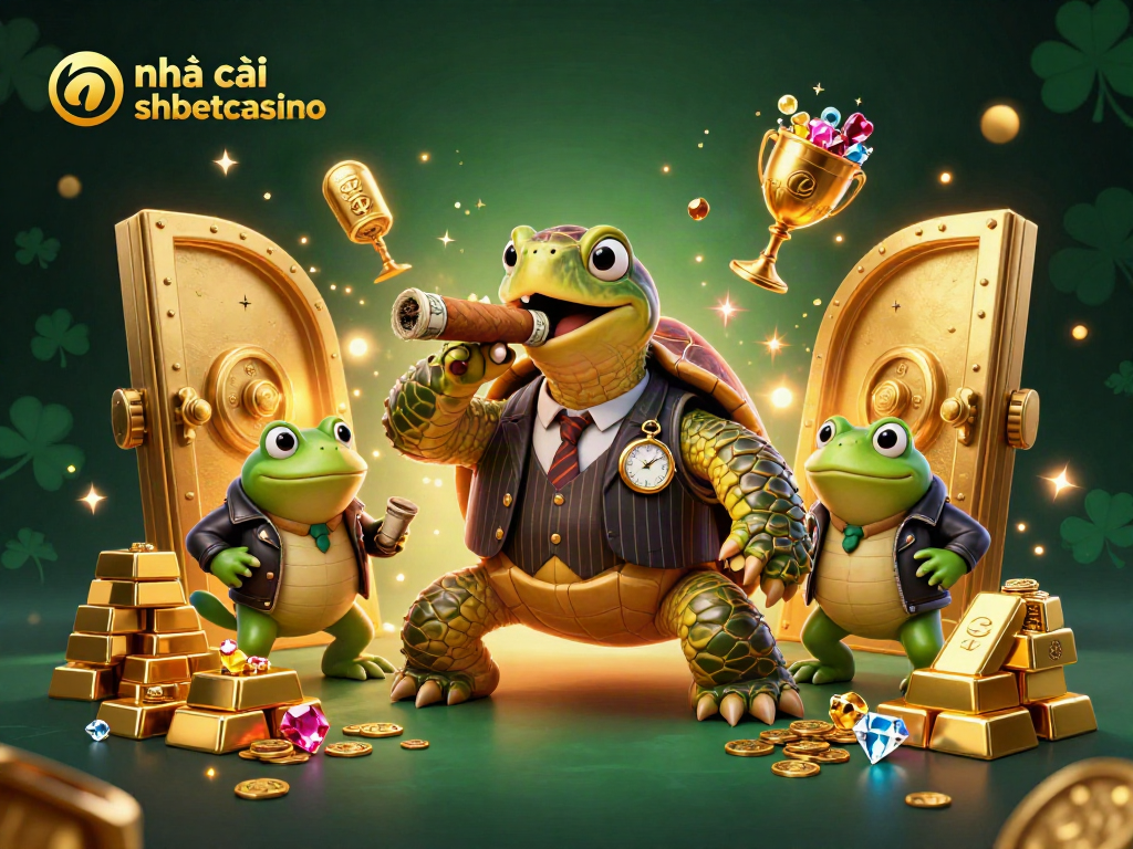 Enter the world of nhà cái shbetcasino with a vibrant casino scene featuring a snapping turtle and bullfrog enforcers surrounded by gold and jewels.