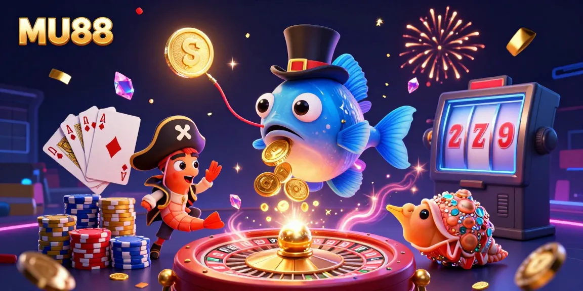 MU88 showcases an exciting underwater casino scene with golden coins and vibrant characters like an anglerfish.