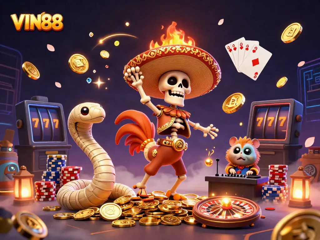 Experience thrilling wins with VIN88 in this vibrant 3D casino scene featuring golden elements and animated characters.