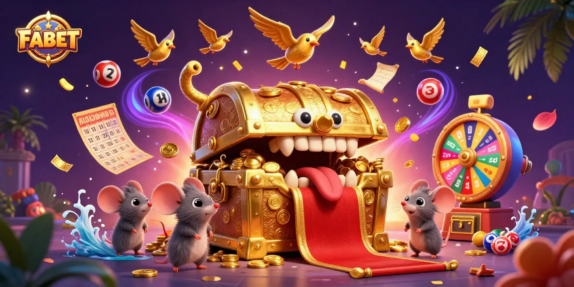 Experience FABET's thrilling lottery action with vibrant 3D illustration depicting treasure, colorful balls, and winning opportunities.