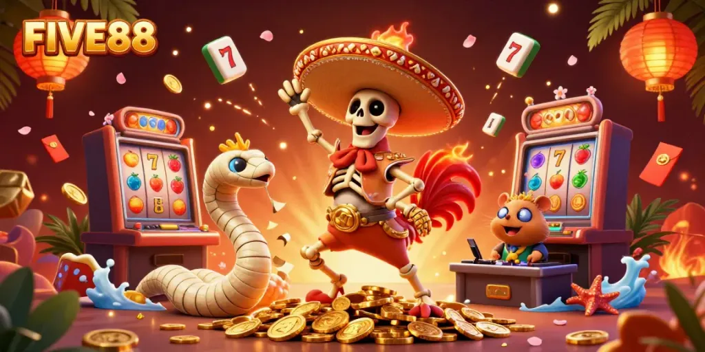 Experience the thrill of FIVE88 with a dynamic casino scene featuring 3D characters celebrating amidst slot machines and festive elements.