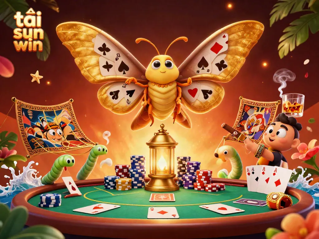 Play casino games and tải sun win with vibrant illustrations featuring golden moth and poker chips.