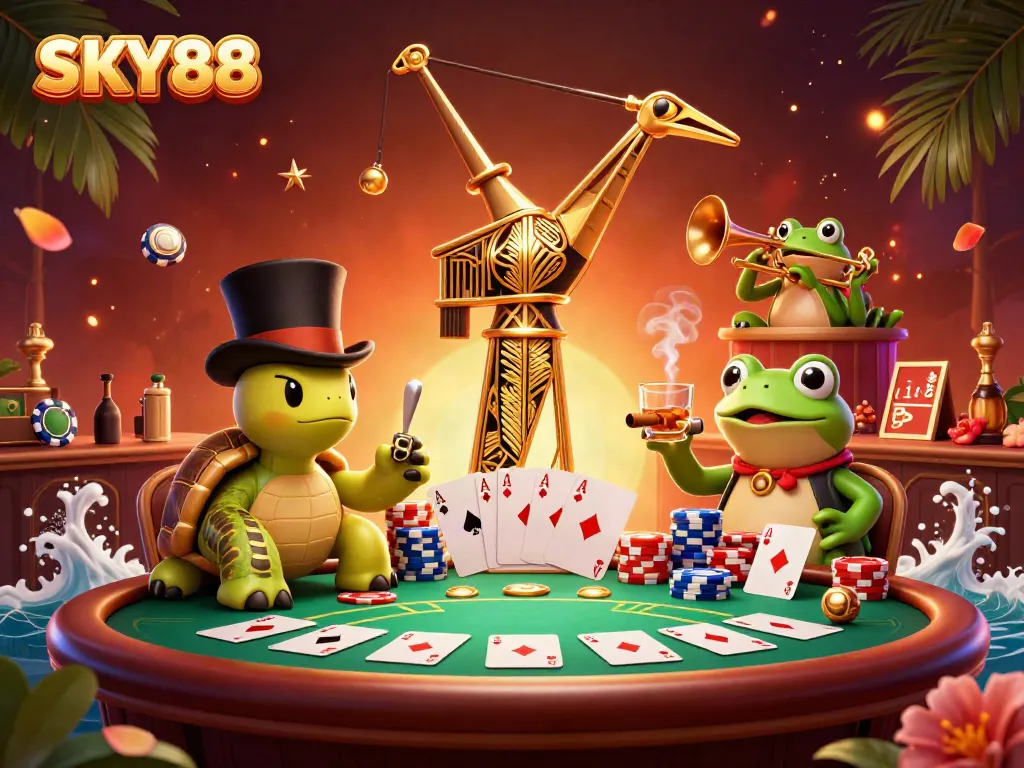 SKY88 showcases players at a lively poker table with colorful chips during a vibrant casino scene.