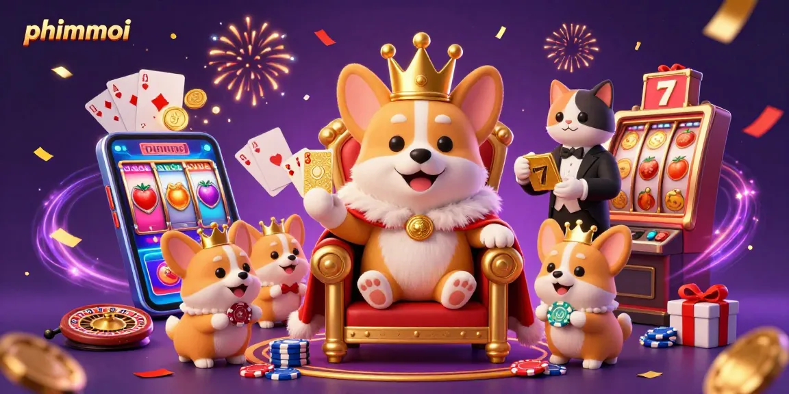 Spin to win at phimmoi with royal corgi among vibrant casino elements and jackpots.