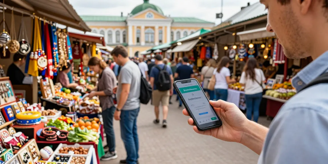 De gebruiker van https://payinrussia.com/ maakt gebruik van de mobiele app voor gemakkelijke betalingen op een drukke Russische markt vol souvenirs.