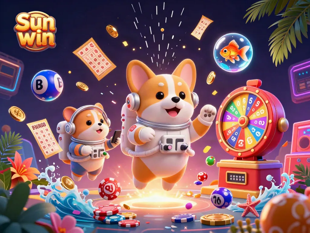 Experience excitement at the Sun win casino with vibrant games, floating chips, and joyful characters.